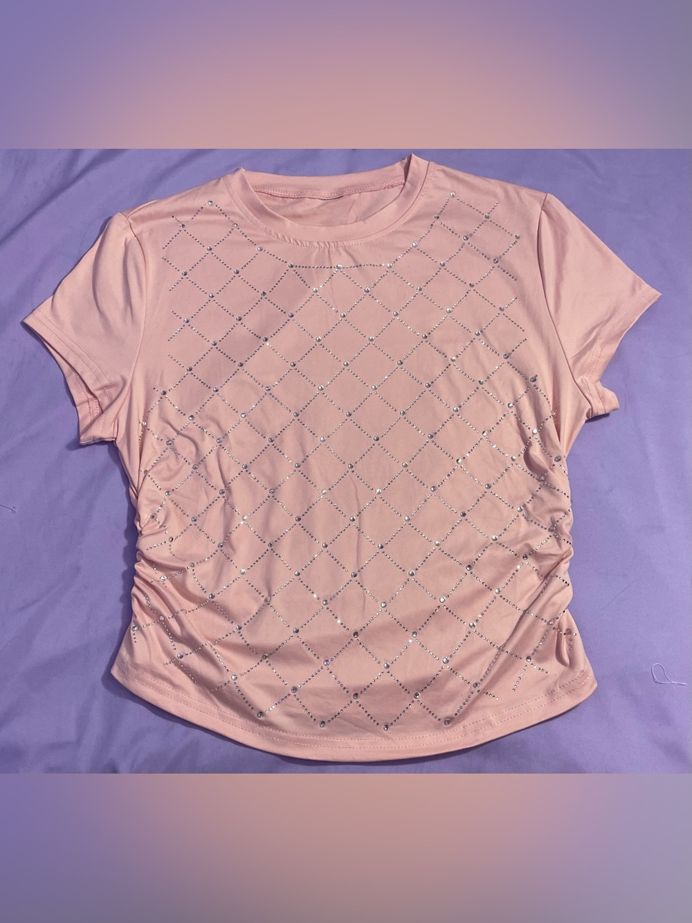 Mcbling bubblegum pastel pink rhinestone y2k coquette baby tee ruched sides